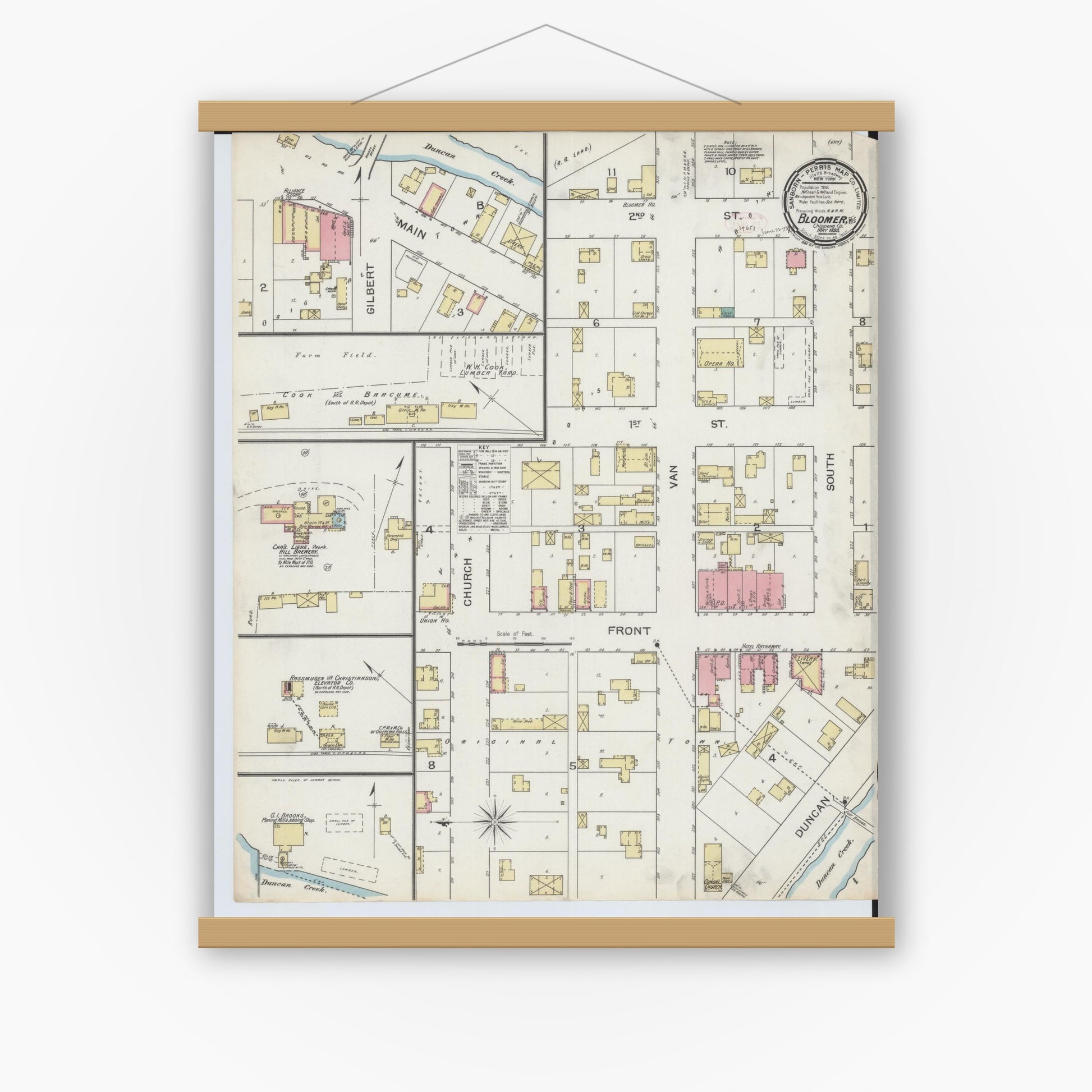 Old map wall art mockup — magnetic wood frame on white wall — Sanborn Fire Insurance Map from Bloomer, Chippewa County, Wisconsin (1893), Sheet #0001