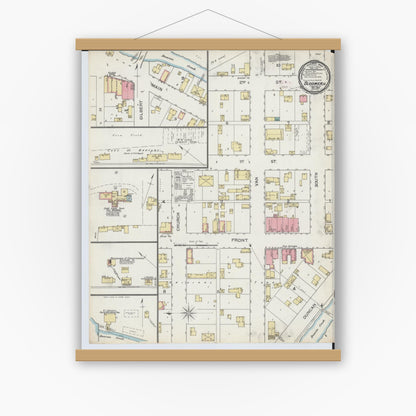 Old map wall art mockup — magnetic wood frame on white wall — Sanborn Fire Insurance Map from Bloomer, Chippewa County, Wisconsin (1893), Sheet #0001