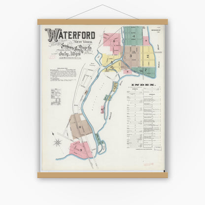 Old map wall art mockup — magnetic wood frame on white wall — Sanborn Fire Insurance Map from Waterford, Saratoga County, New York (1892), Sheet #0001