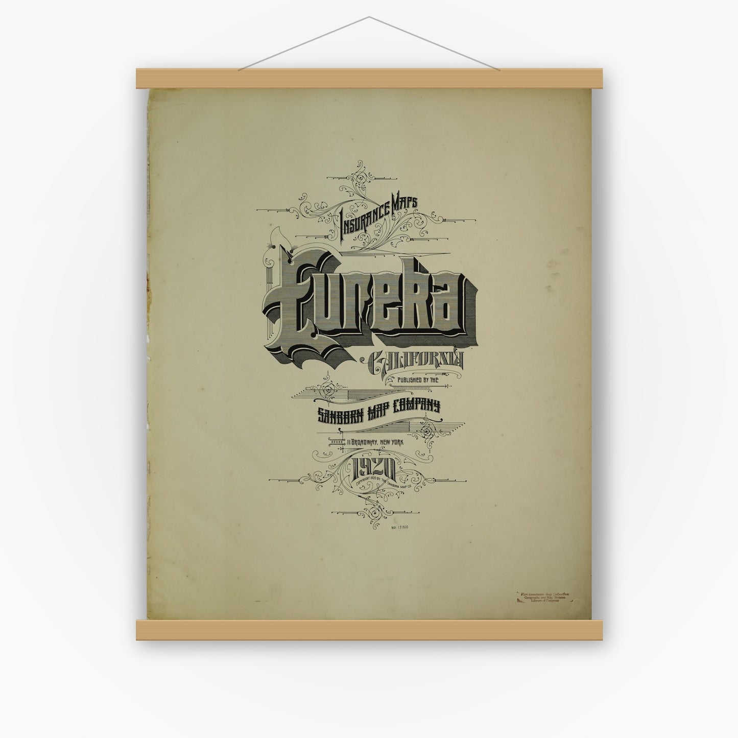 Old map wall art mockup — magnetic wood frame on white wall — Sanborn Fire Insurance Map from Eureka, Humboldt County, California (1920), Sheet #0001
