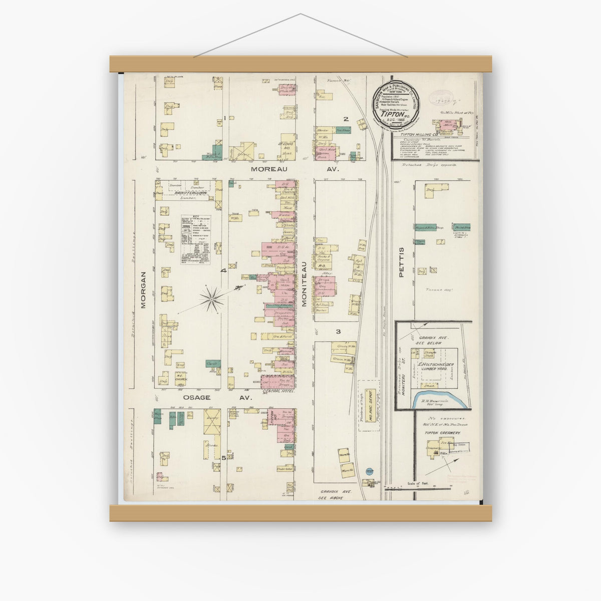 Old map wall art mockup — magnetic wood frame on white wall — Sanborn Fire Insurance Map from Tipton, Moniteau County, Missouri (1885), Sheet #0001