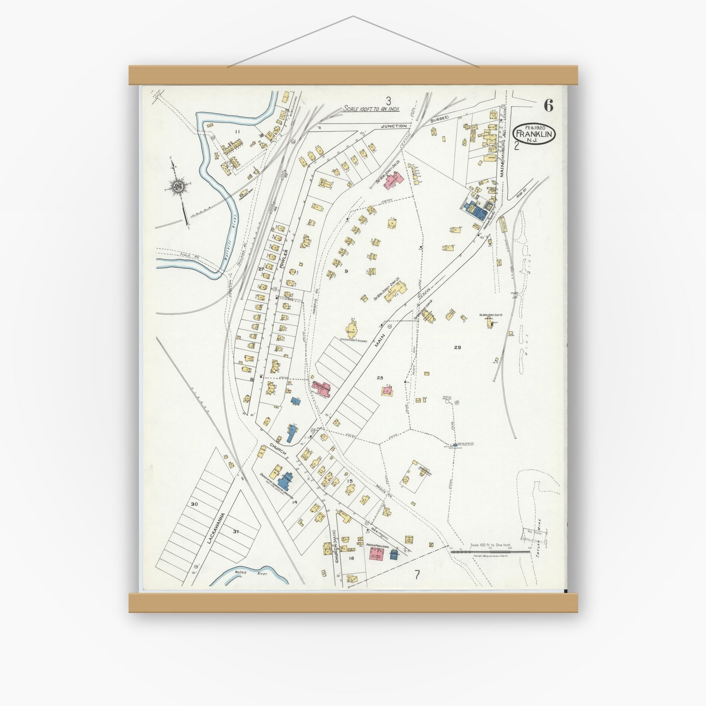Old map wall art mockup — magnetic wood frame on white wall — Sanborn Fire Insurance Map from Franklin, Sussex County, New Jersey (1920), Sheet #0006