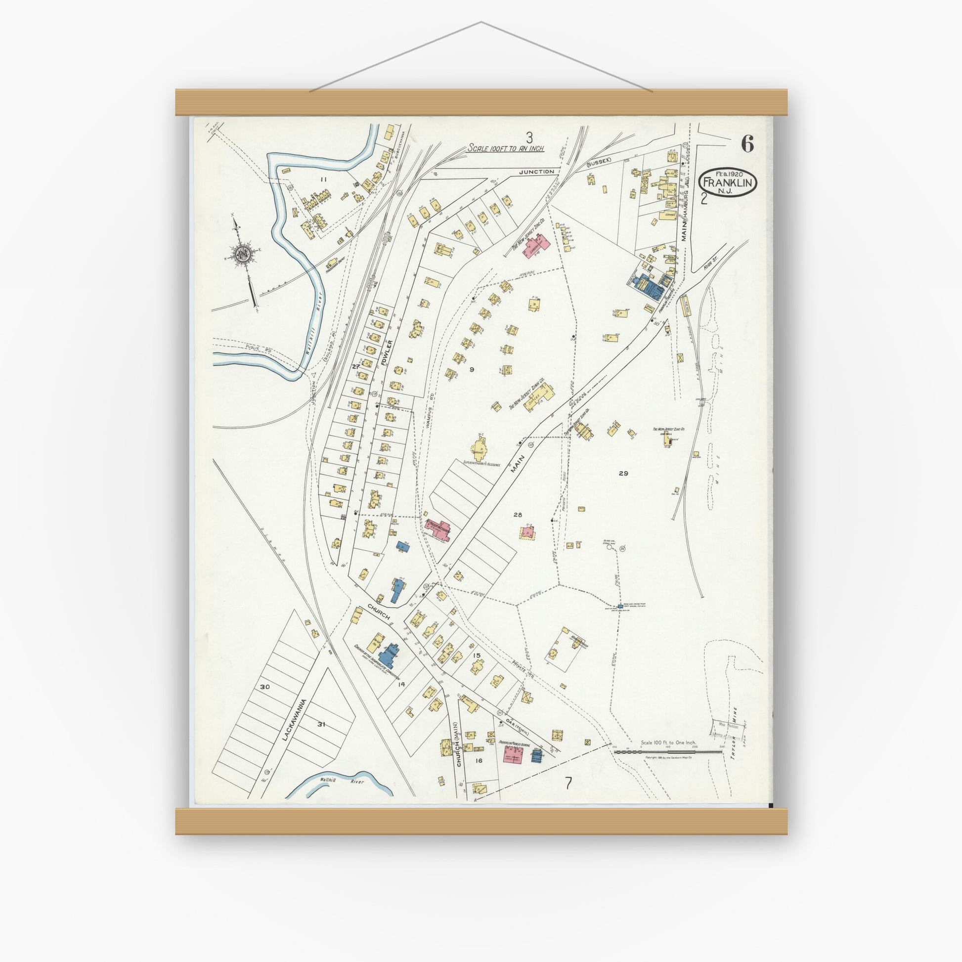 Old map wall art mockup — magnetic wood frame on white wall — Sanborn Fire Insurance Map from Franklin, Sussex County, New Jersey (1920), Sheet #0006