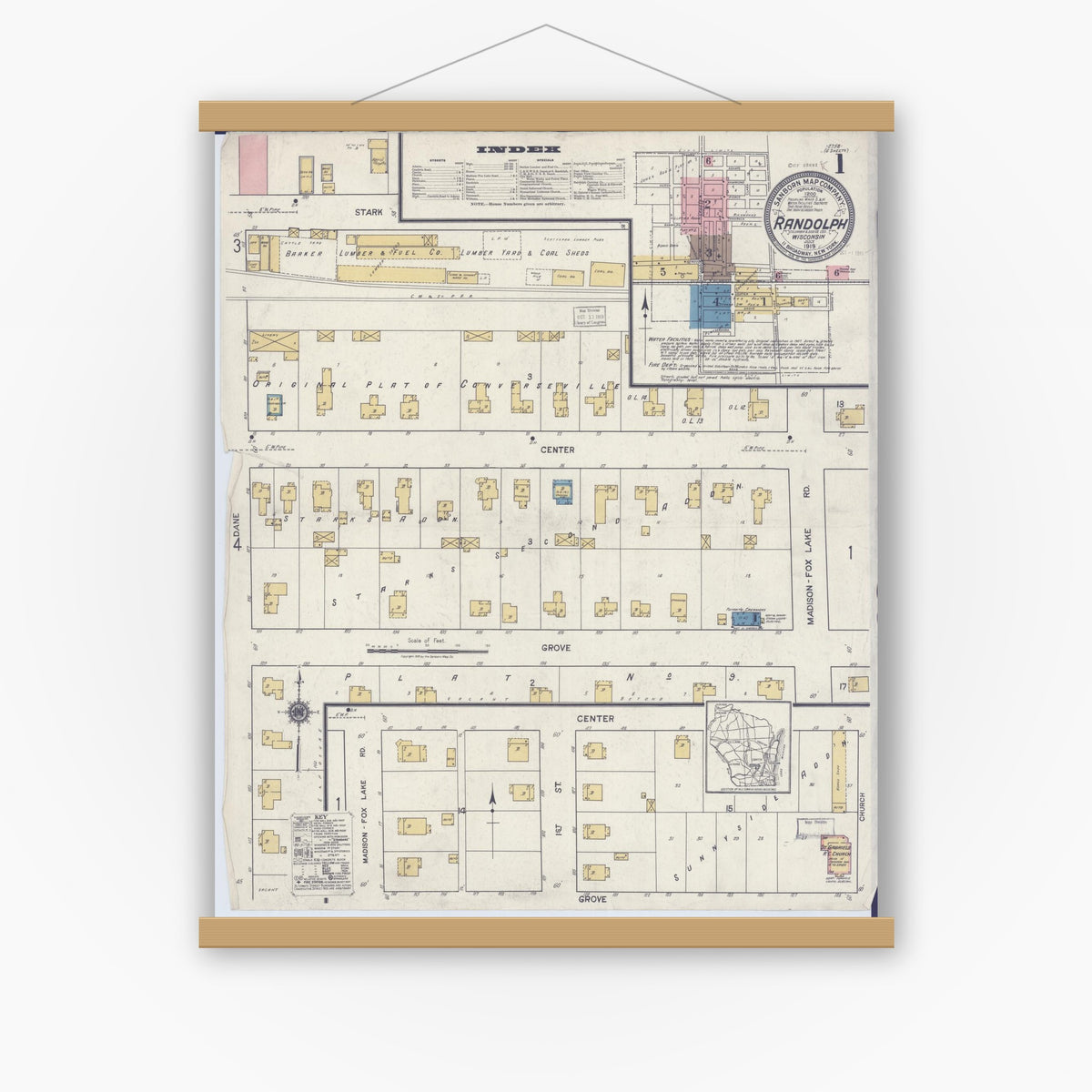Old map wall art mockup — magnetic wood frame on white wall — Sanborn Fire Insurance Map from Randolph, Columbia and Dodge Counties, Wisconsin (1919), Sheet #0001
