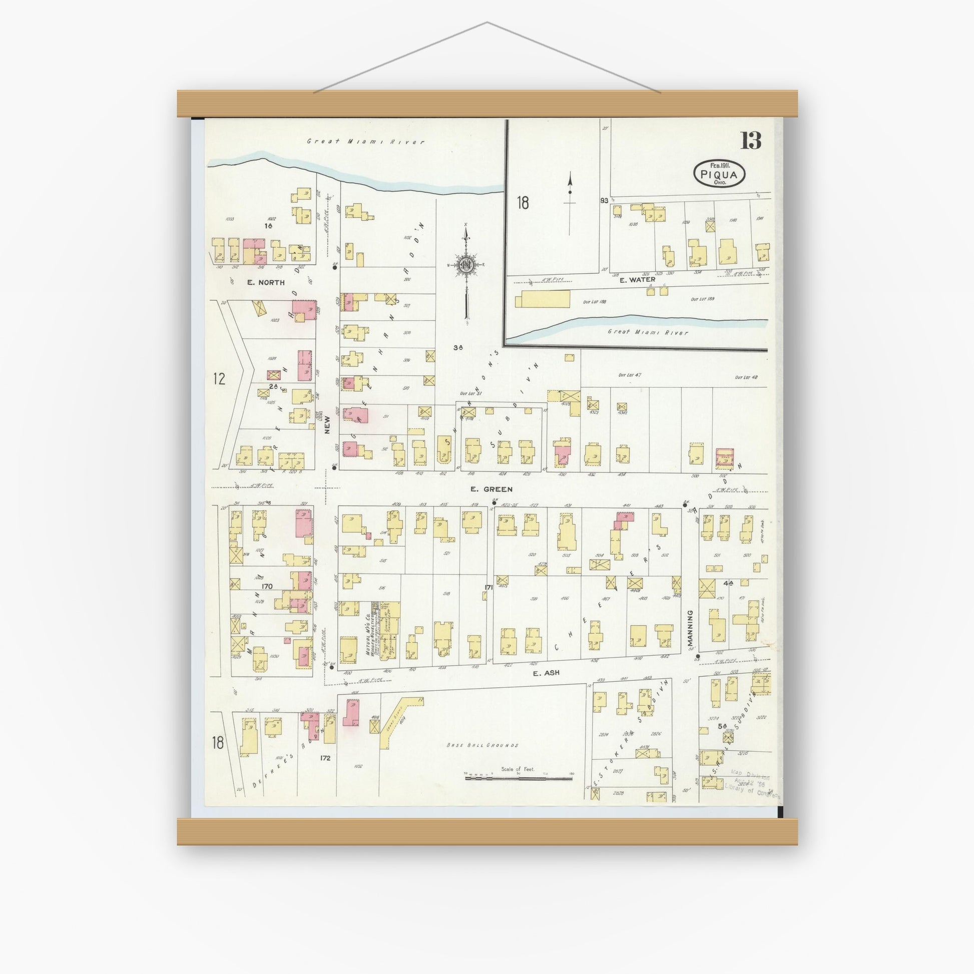 Old map wall art mockup — magnetic wood frame on white wall — Sanborn Fire Insurance Map from Piqua, Miami County, Ohio (1911), Sheet #0013