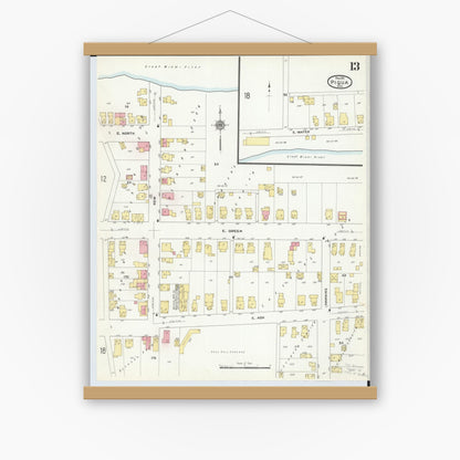 Old map wall art mockup — magnetic wood frame on white wall — Sanborn Fire Insurance Map from Piqua, Miami County, Ohio (1911), Sheet #0013