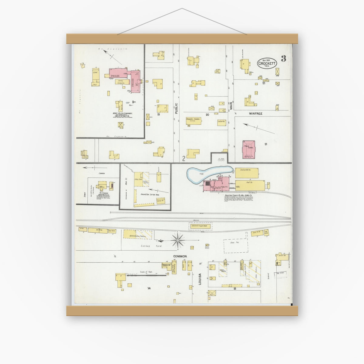 Old map wall art mockup — magnetic wood frame on white wall — Sanborn Fire Insurance Map from Crockett, Houston County, Texas (1901), Sheet #0003