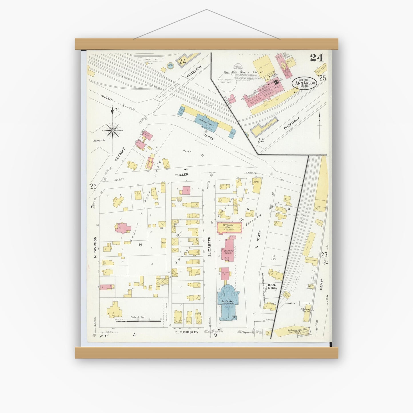 Old map wall art mockup — magnetic wood frame on white wall — Sanborn Fire Insurance Map from Ann Arbor, Washtenaw County, Michigan (1908), Sheet #0024