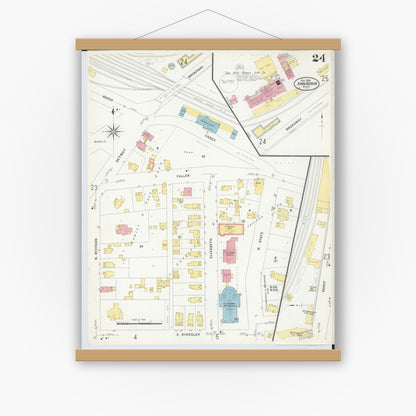 Old map wall art mockup — magnetic wood frame on white wall — Sanborn Fire Insurance Map from Ann Arbor, Washtenaw County, Michigan (1908), Sheet #0024