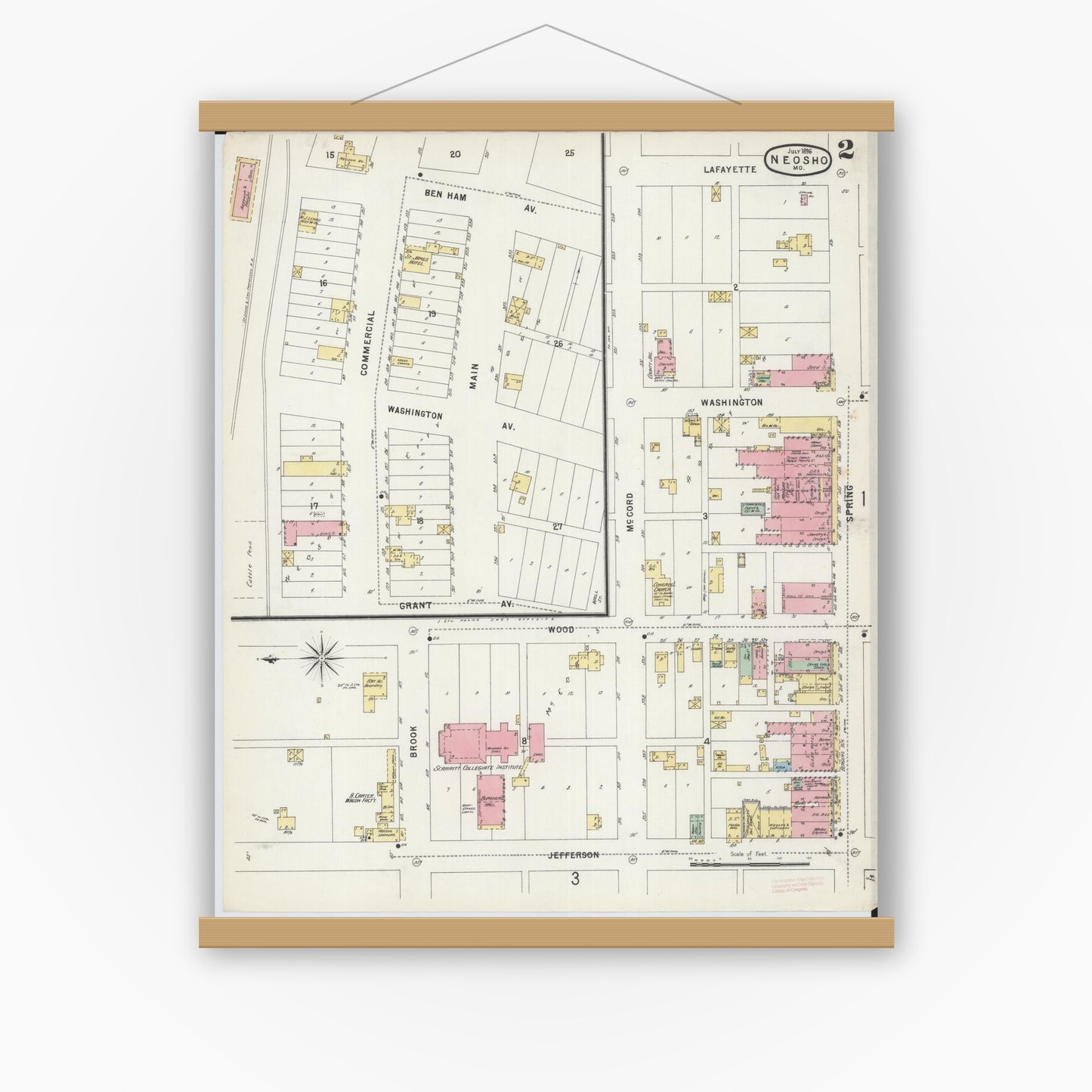 Old map wall art mockup — magnetic wood frame on white wall — Sanborn Fire Insurance Map from Neosho, Newton County, Missouri (1896), Sheet #0002