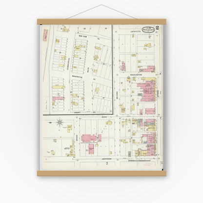 Old map wall art mockup — magnetic wood frame on white wall — Sanborn Fire Insurance Map from Neosho, Newton County, Missouri (1896), Sheet #0002