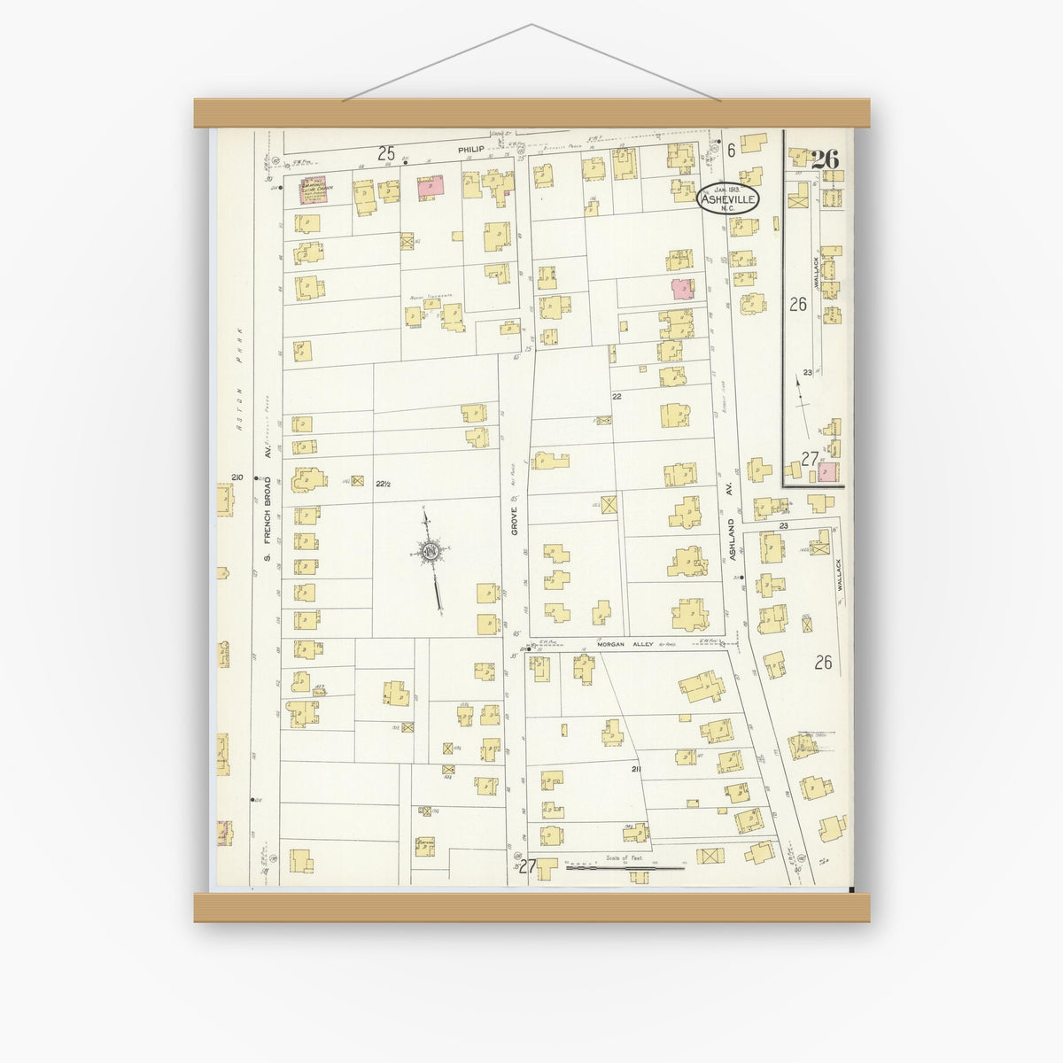 Old map wall art mockup — magnetic wood frame on white wall — Sanborn Fire Insurance Map from Asheville, Buncombe County, North Carolina (1913), Sheet #0026