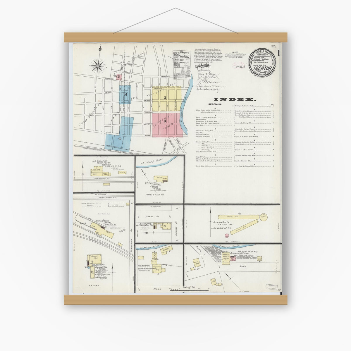 Old map wall art mockup — magnetic wood frame on white wall — Sanborn Fire Insurance Map from Decatur, Adams County, Indiana (1890), Sheet #0001