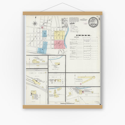 Old map wall art mockup — magnetic wood frame on white wall — Sanborn Fire Insurance Map from Decatur, Adams County, Indiana (1890), Sheet #0001