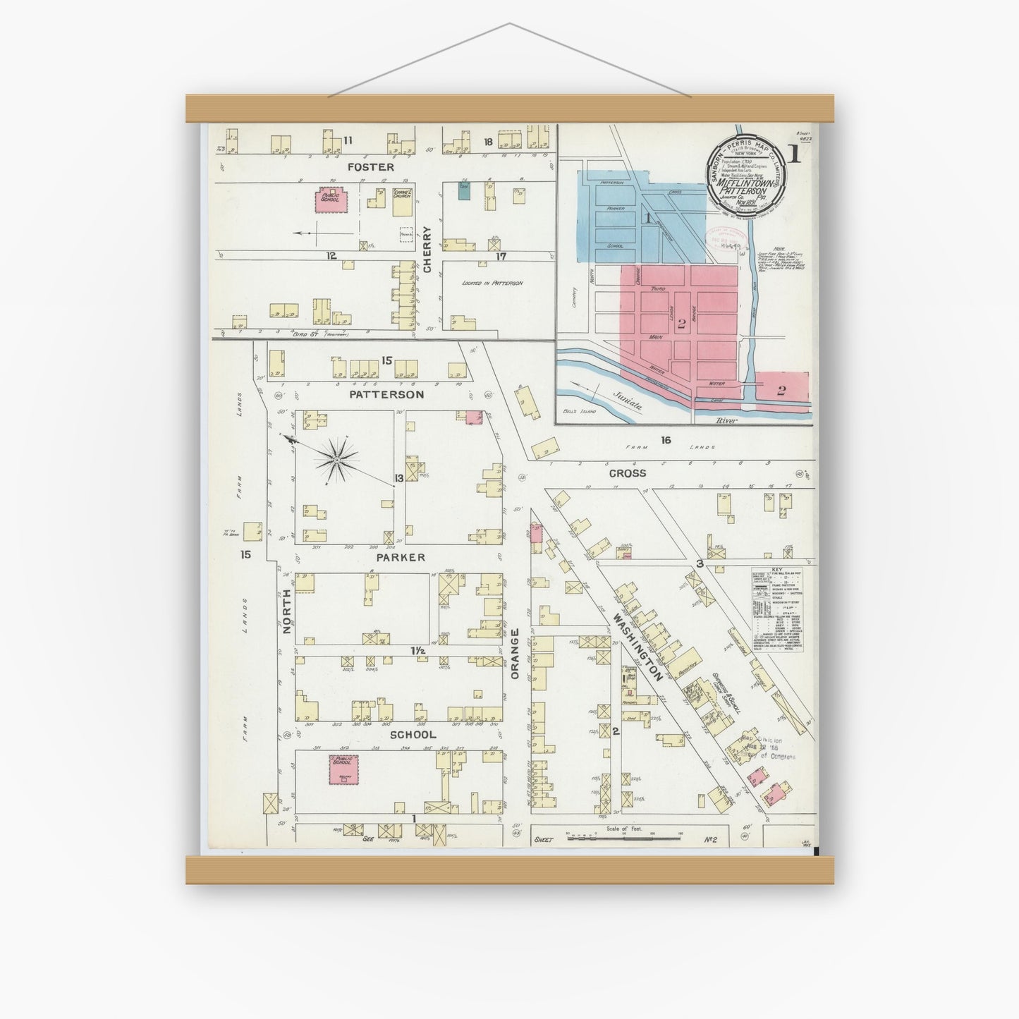 Old map wall art mockup — magnetic wood frame on white wall — Sanborn Fire Insurance Map from Mifflintown, Juniata County, Pennsylvania (1891) - Complete Map Set