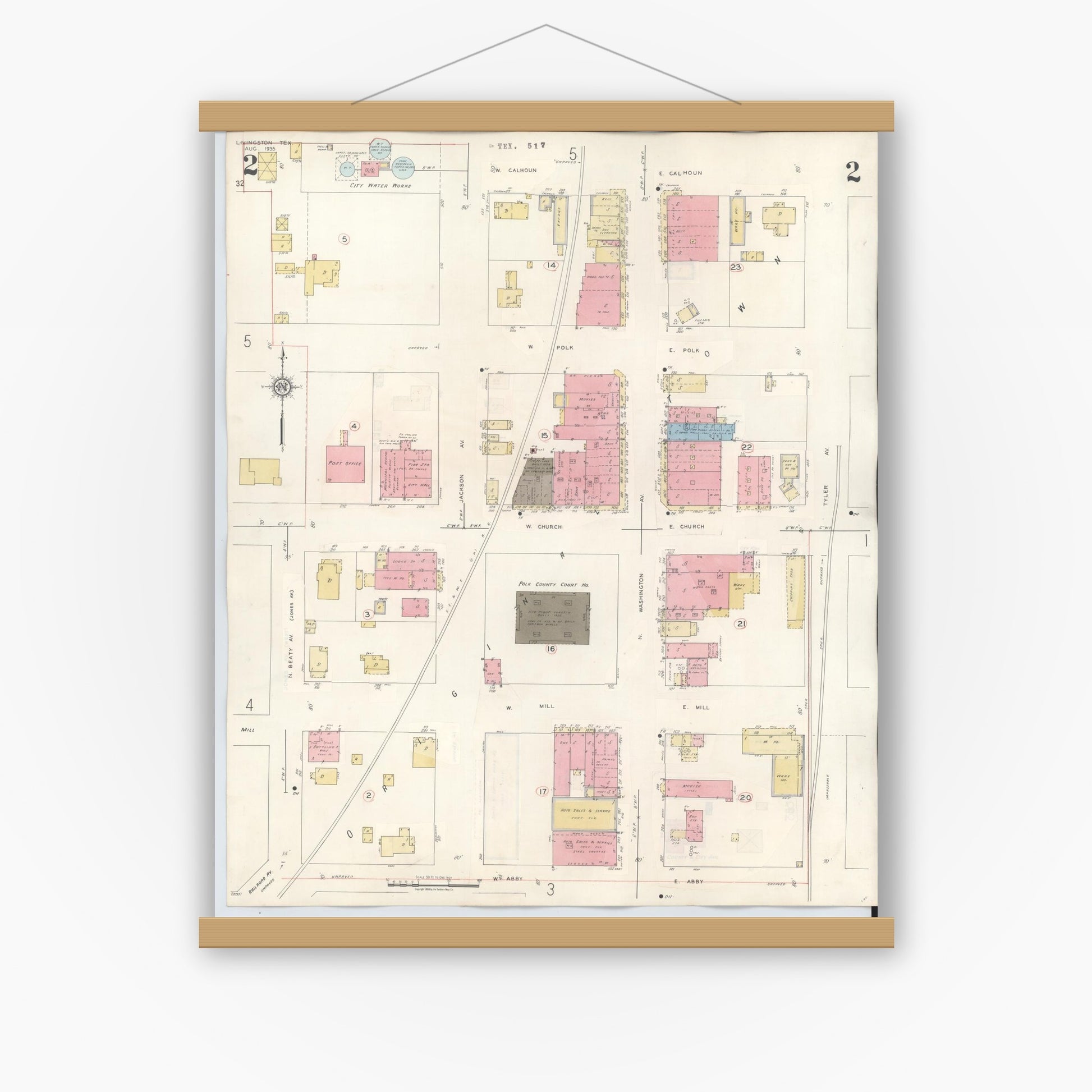 Old map wall art mockup — magnetic wood frame on white wall — Sanborn Fire Insurance Map from Livingston, Polk County, Texas (1943), Sheet #0002