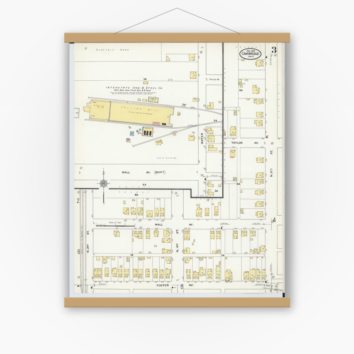 Old map wall art mockup — magnetic wood frame on white wall — Sanborn Fire Insurance Map from Cambridge, Guernsey County, Ohio (1909), Sheet #0003