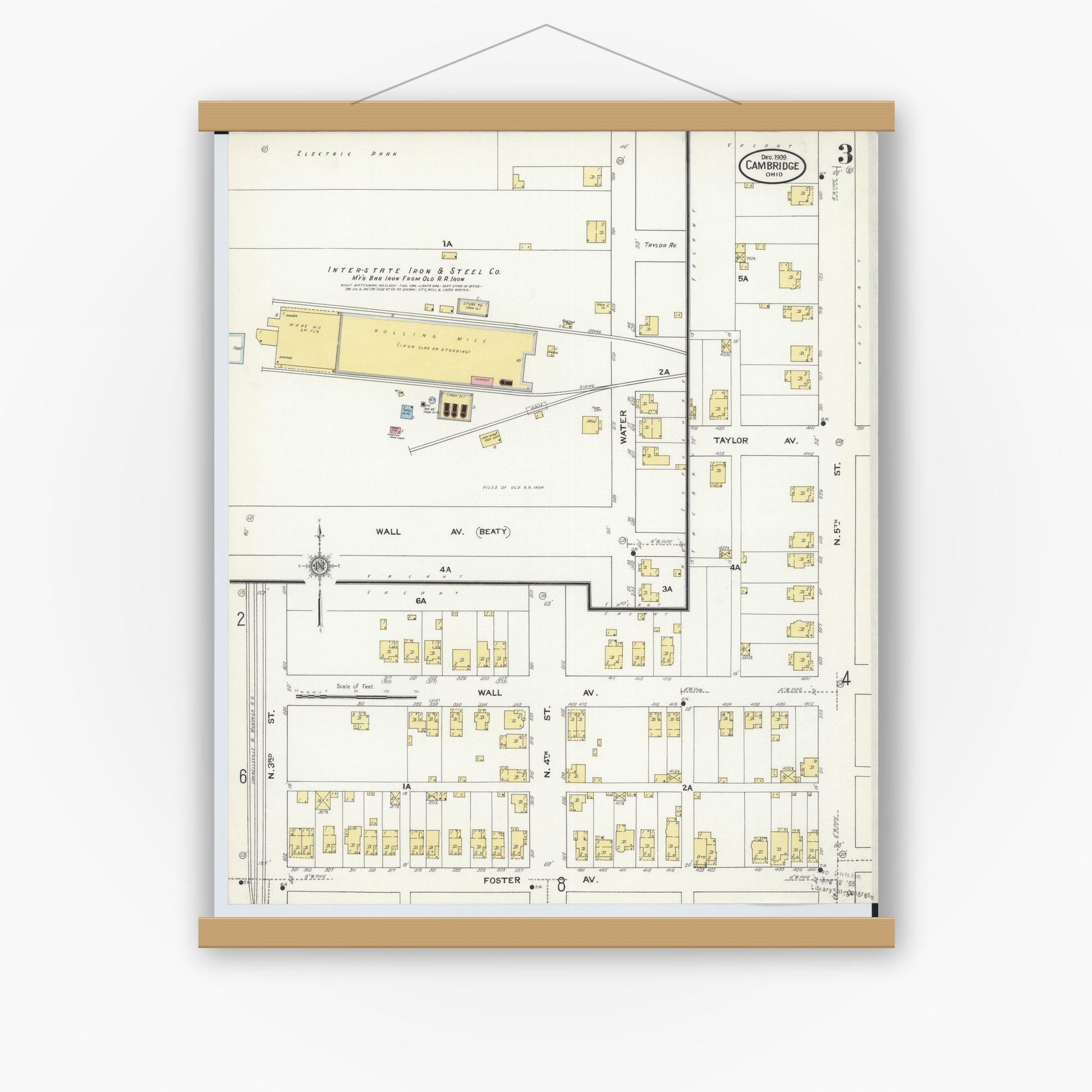 Old map wall art mockup — magnetic wood frame on white wall — Sanborn Fire Insurance Map from Cambridge, Guernsey County, Ohio (1909), Sheet #0003