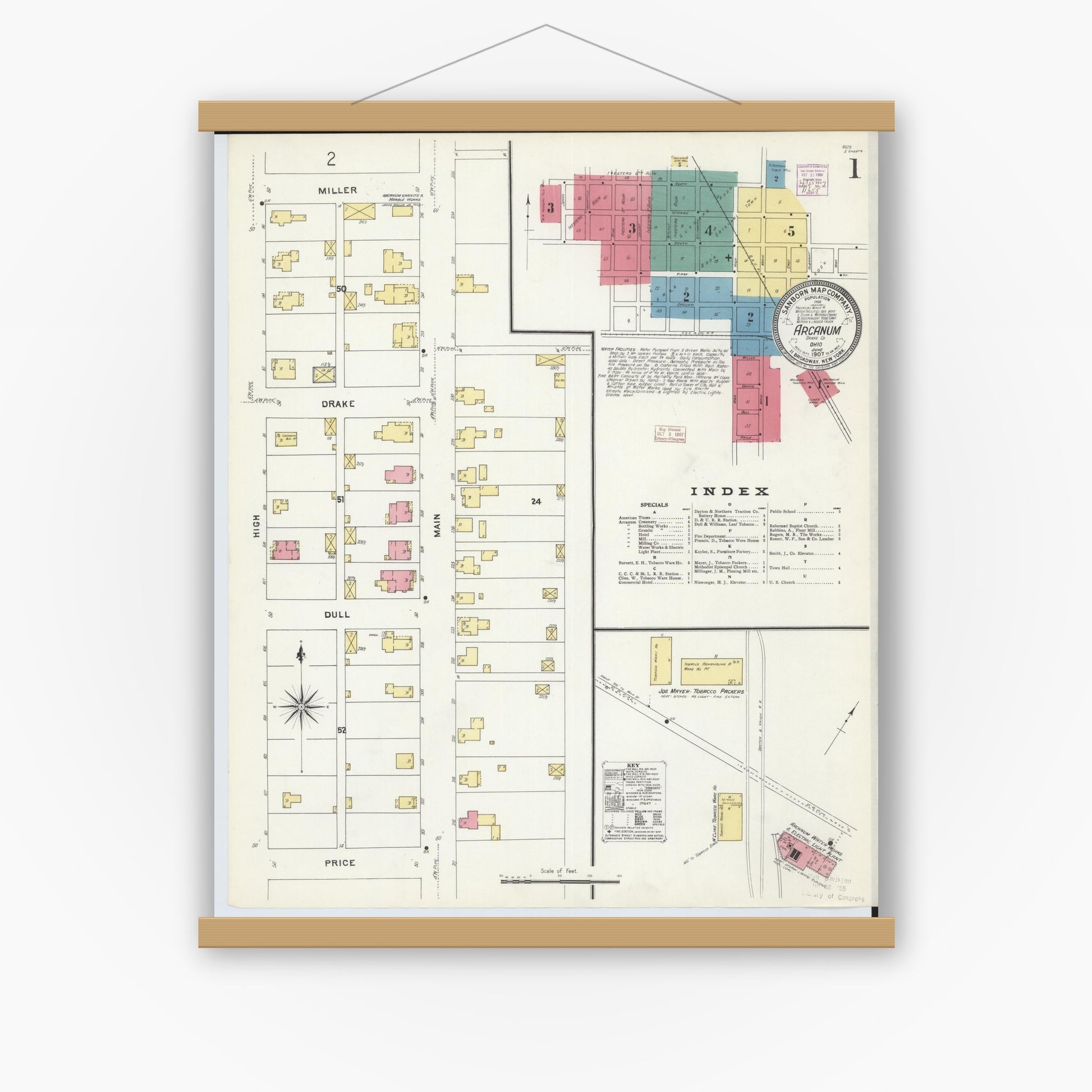 Old map wall art mockup — magnetic wood frame on white wall — Sanborn Fire Insurance Map from Arcanum, Darke County, Ohio (1907), Sheet #0001