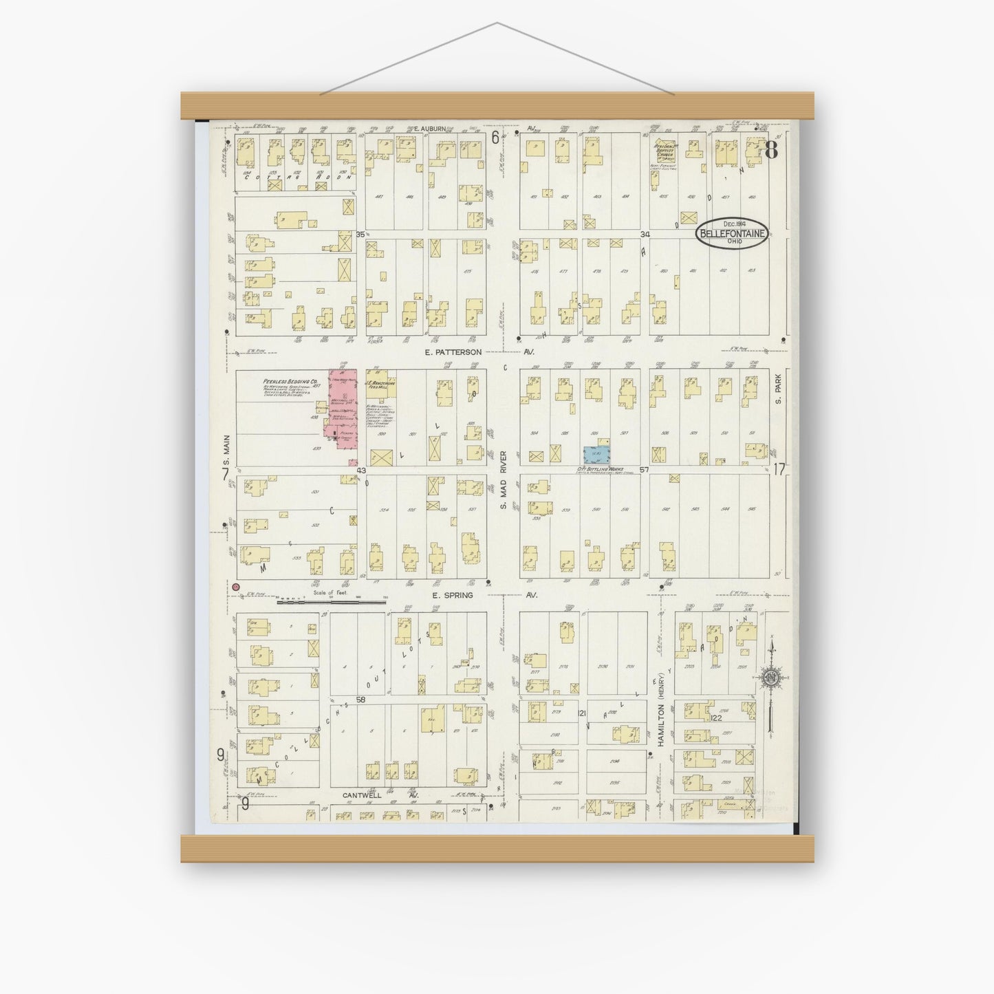 Old map wall art mockup — magnetic wood frame on white wall — Sanborn Fire Insurance Map from Bellefontaine, Logan County, Ohio (1914), Sheet #0008