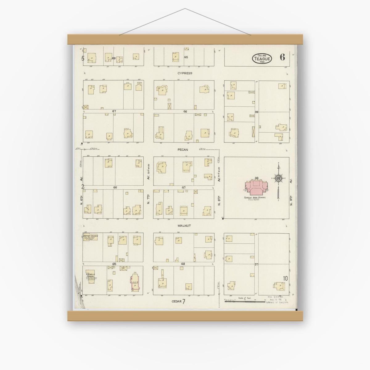 Old map wall art mockup — magnetic wood frame on white wall — Sanborn Fire Insurance Map from Teague, Freestone County, Texas (1914), Sheet #0006