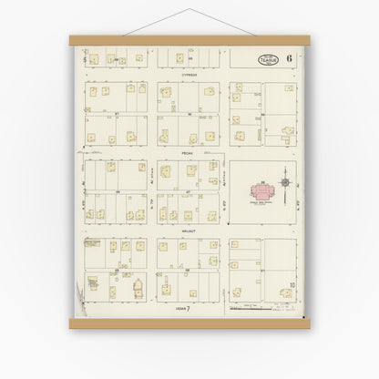 Old map wall art mockup — magnetic wood frame on white wall — Sanborn Fire Insurance Map from Teague, Freestone County, Texas (1914), Sheet #0006