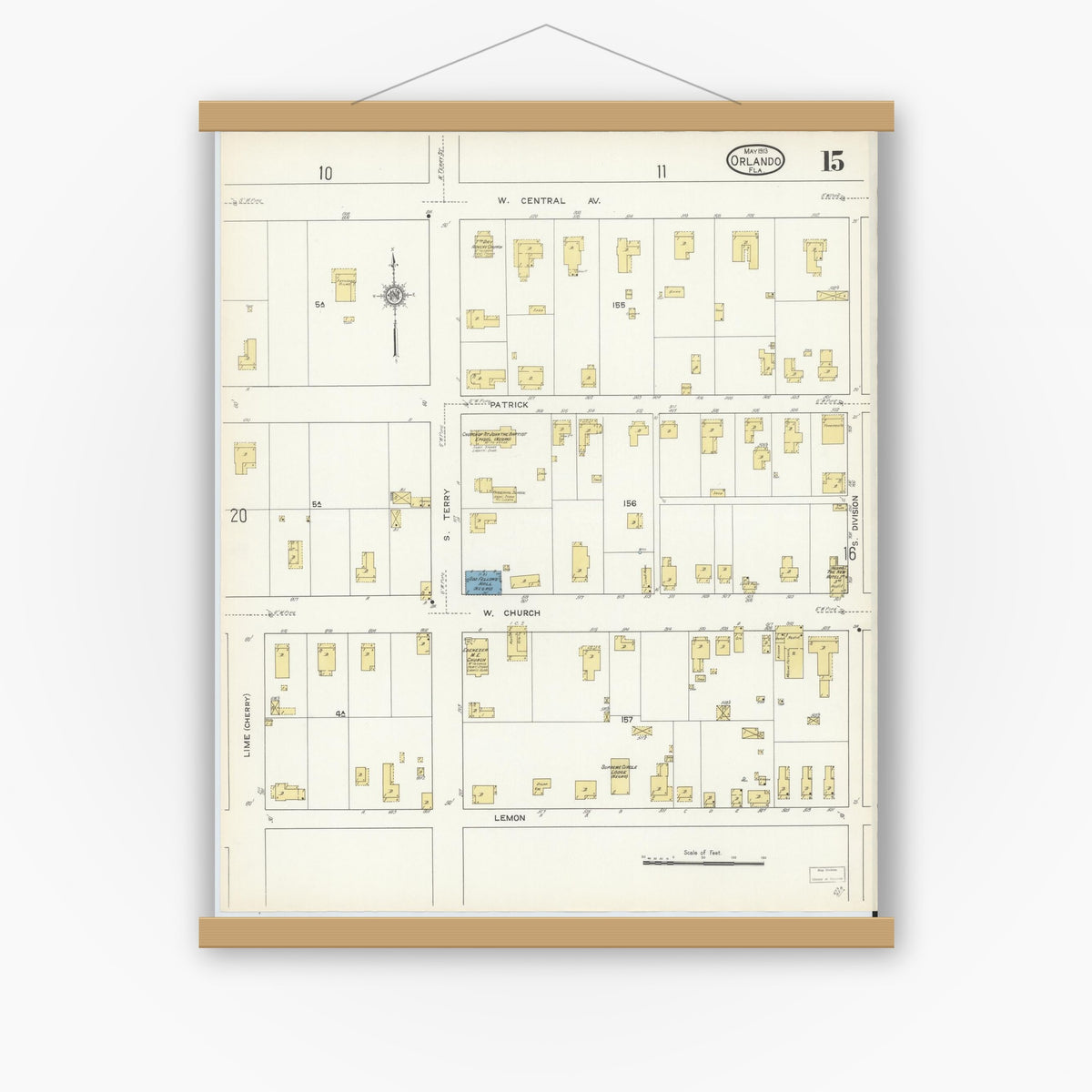 Old map wall art mockup — magnetic wood frame on white wall — Sanborn Fire Insurance Map from Orlando, Orange County, Florida (1913), Sheet #0015