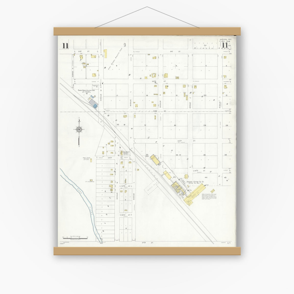 Old map wall art mockup — magnetic wood frame on white wall — Sanborn Fire Insurance Map from Snyder, Scurry County, Texas (1936), Sheet #0011