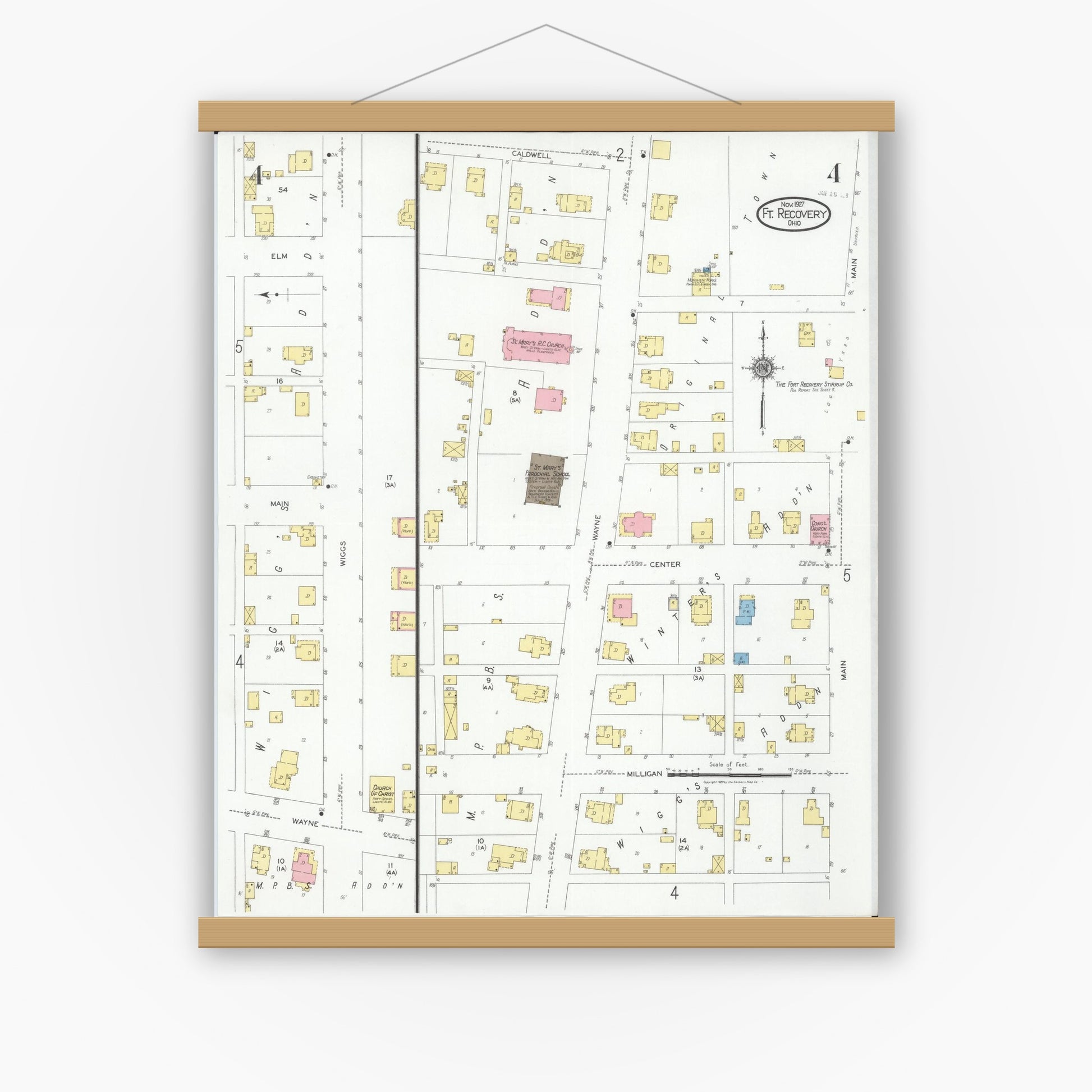 Old map wall art mockup — magnetic wood frame on white wall — Sanborn Fire Insurance Map from Fort Recovery, Mercer County, Ohio (1927), Sheet #0004