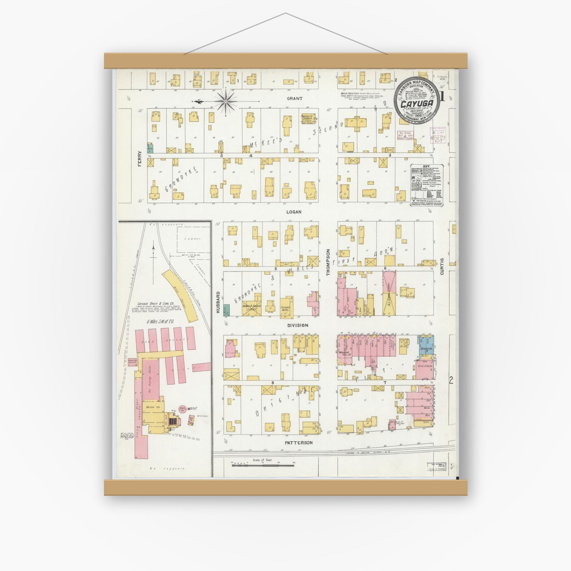Old map wall art mockup — magnetic wood frame on white wall — Sanborn Fire Insurance Map from Cayuga, Vermillion County, Indiana (1906) - Complete Map Set