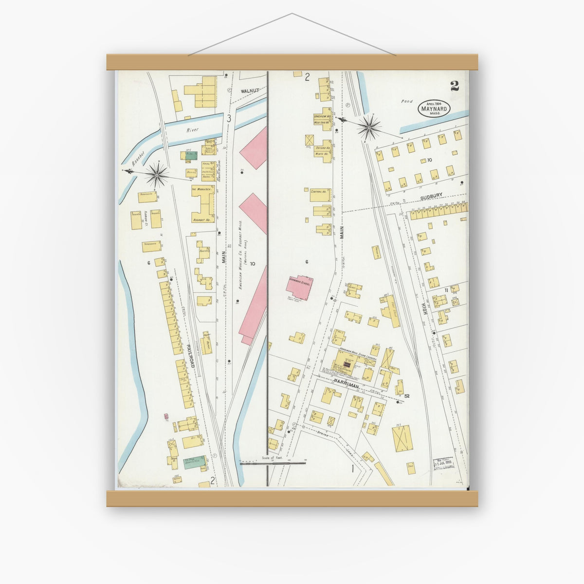 Old map wall art mockup — magnetic wood frame on white wall — Sanborn Fire Insurance Map from Maynard, Middlesex County, Massachusetts (1904), Sheet #0002