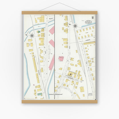 Old map wall art mockup — magnetic wood frame on white wall — Sanborn Fire Insurance Map from Maynard, Middlesex County, Massachusetts (1904), Sheet #0002
