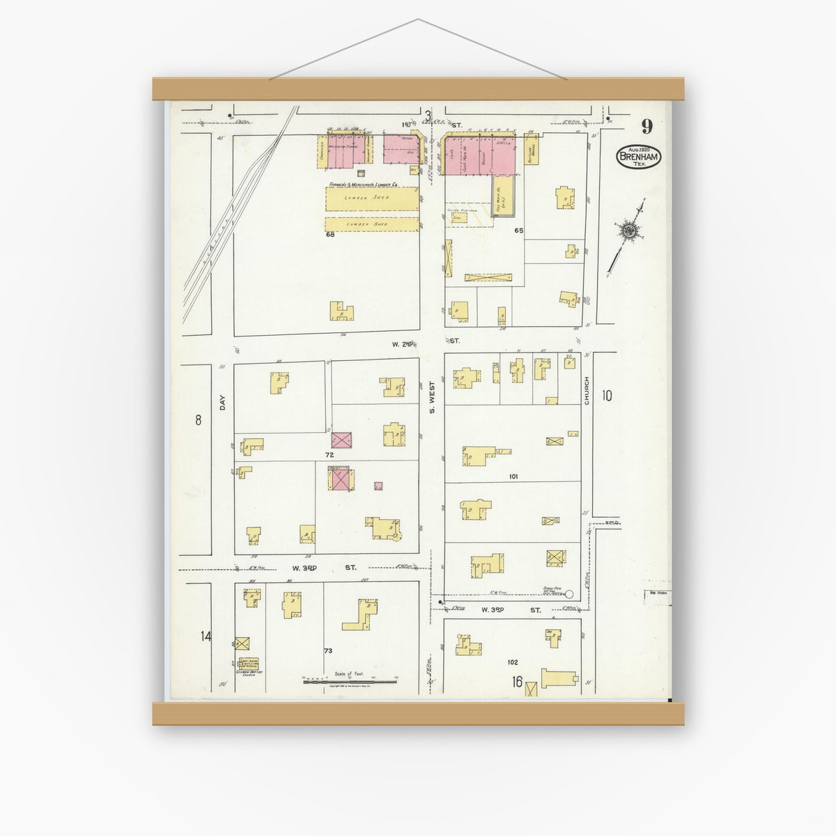 Old map wall art mockup — magnetic wood frame on white wall — Sanborn Fire Insurance Map from Brenham, Washington County, Texas (1920), Sheet #0009