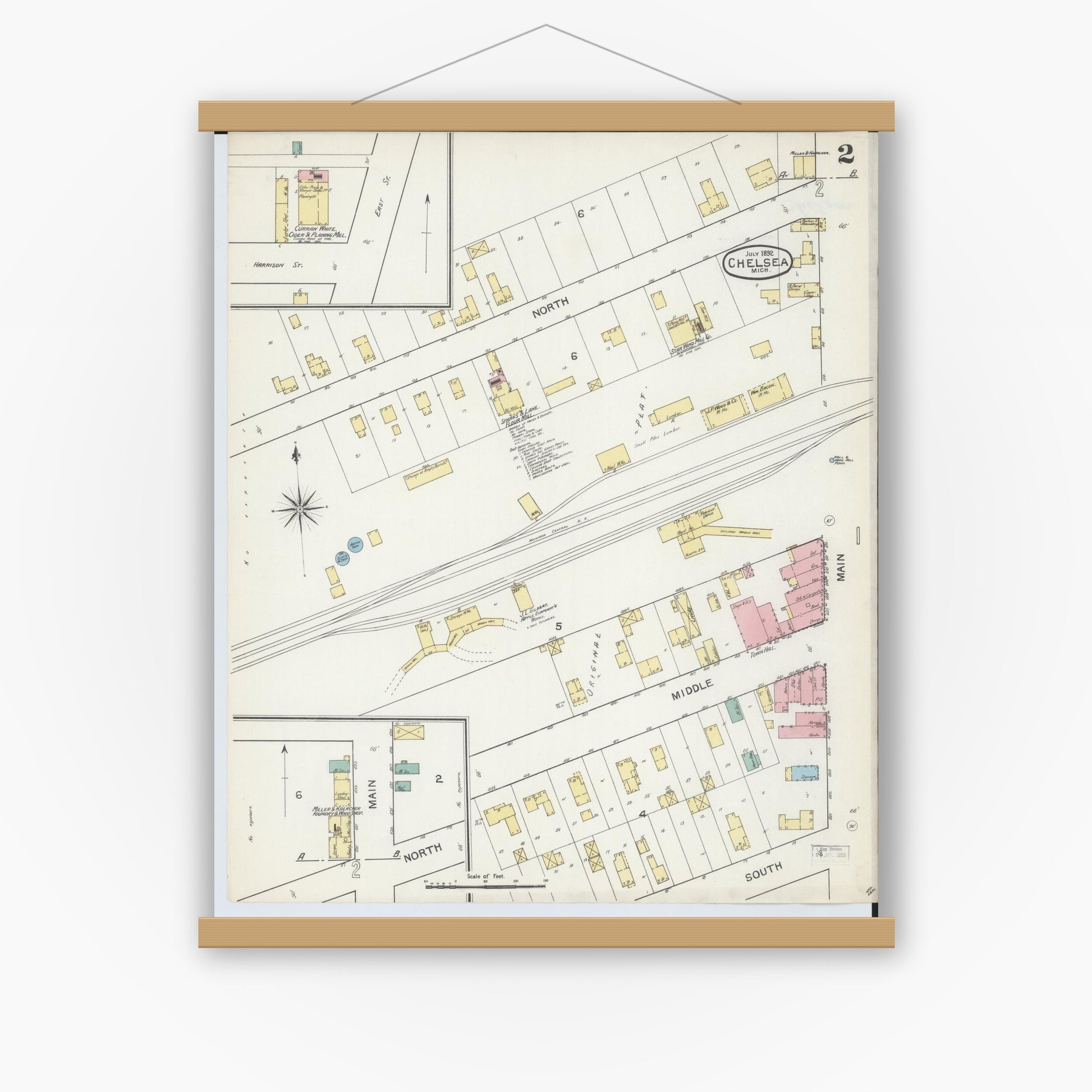 Old map wall art mockup — magnetic wood frame on white wall — Sanborn Fire Insurance Map from Chelsea, Washtenaw County, Michigan (1892), Sheet #0002