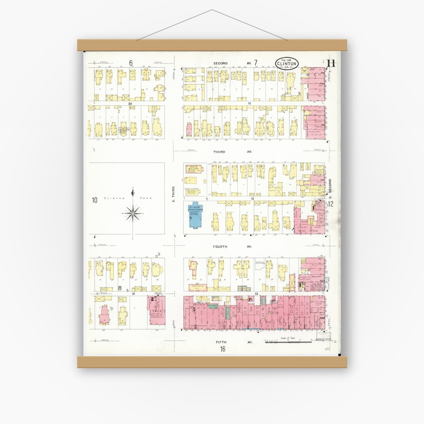 Old map wall art mockup — magnetic wood frame on white wall — Sanborn Fire Insurance Map from Clinton, Clinton County, Iowa (1909), Sheet #0011