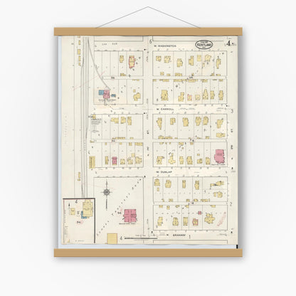Old map wall art mockup — magnetic wood frame on white wall — Sanborn Fire Insurance Map from Kentland, Newton County, Indiana (1942), Sheet #0004
