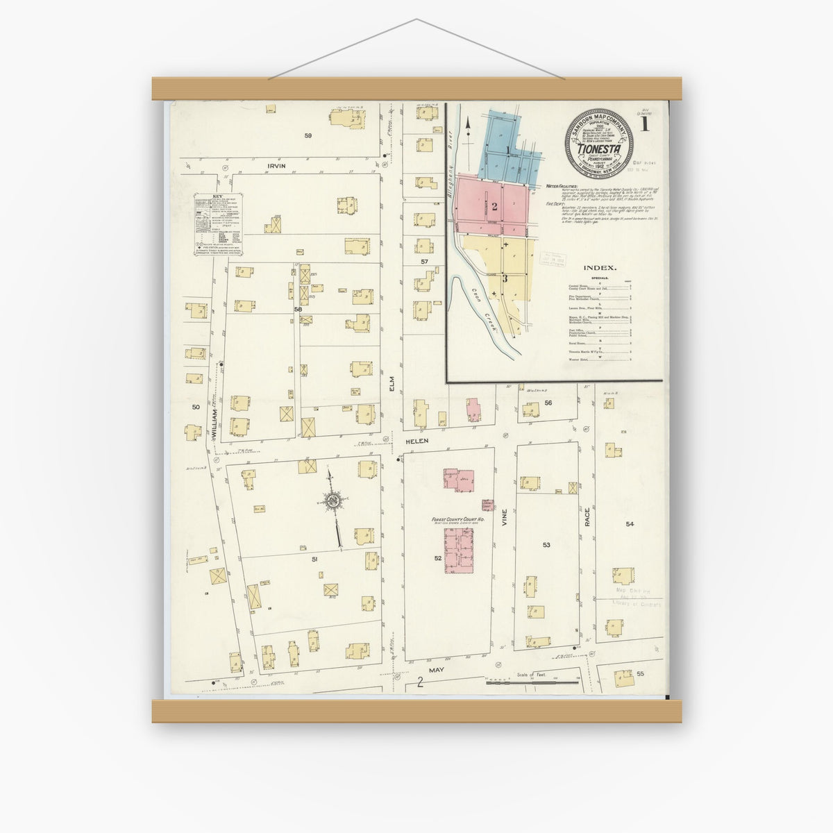 Old map wall art mockup — magnetic wood frame on white wall — Sanborn Fire Insurance Map from Tionesta, Forest County, Pennsylvania (1912), Sheet #0001