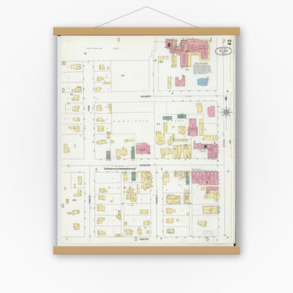 Old map wall art mockup — magnetic wood frame on white wall — Sanborn Fire Insurance Map from Alma, Gratiot County, Michigan (1902), Sheet #0002
