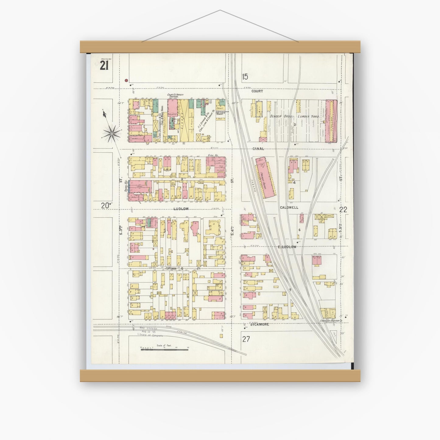 Old map wall art mockup — magnetic wood frame on white wall — Sanborn Fire Insurance Map from Hamilton, Butler County, Ohio (1899), Sheet #0021