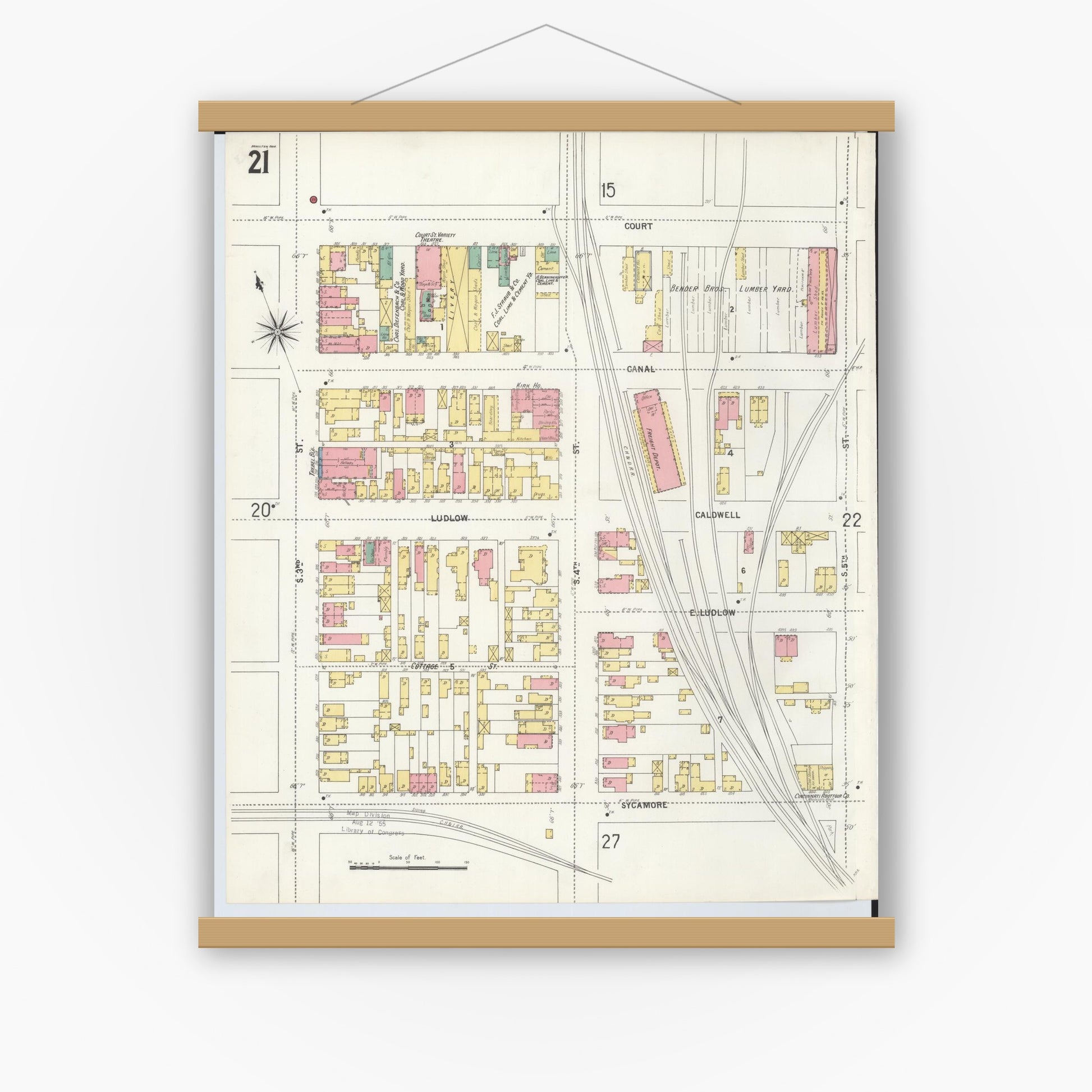 Old map wall art mockup — magnetic wood frame on white wall — Sanborn Fire Insurance Map from Hamilton, Butler County, Ohio (1899), Sheet #0021