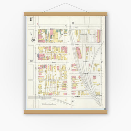 Old map wall art mockup — magnetic wood frame on white wall — Sanborn Fire Insurance Map from Hamilton, Butler County, Ohio (1899), Sheet #0021