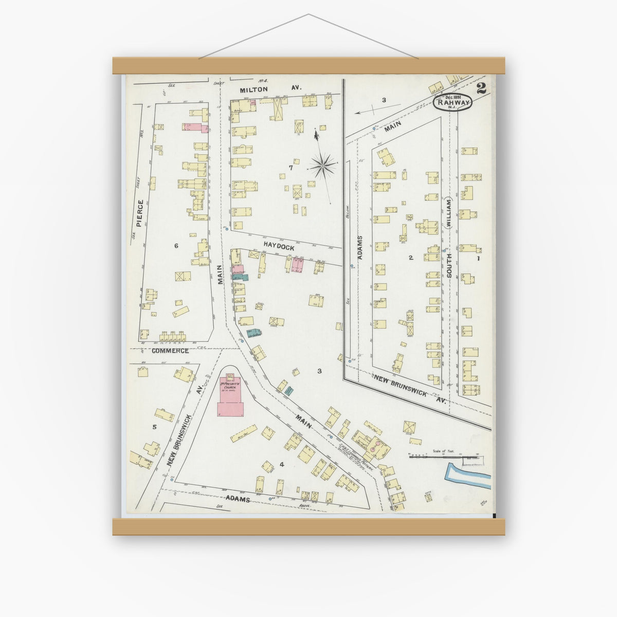 Old map wall art mockup — magnetic wood frame on white wall — Sanborn Fire Insurance Map from Rahway, Union County, New Jersey (1891) - Complete Map Set