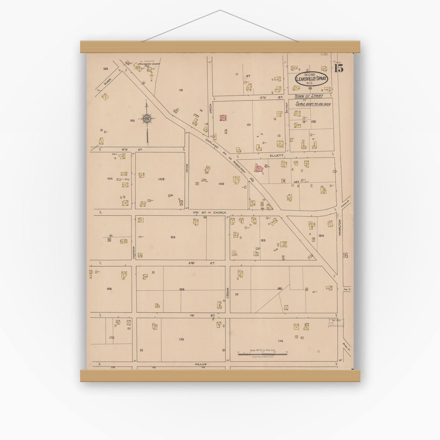 Old map wall art mockup — magnetic wood frame on white wall — Sanborn Fire Insurance Map from Leaksville-spray, Rockingham County, North Carolina (1921), Sheet #0015