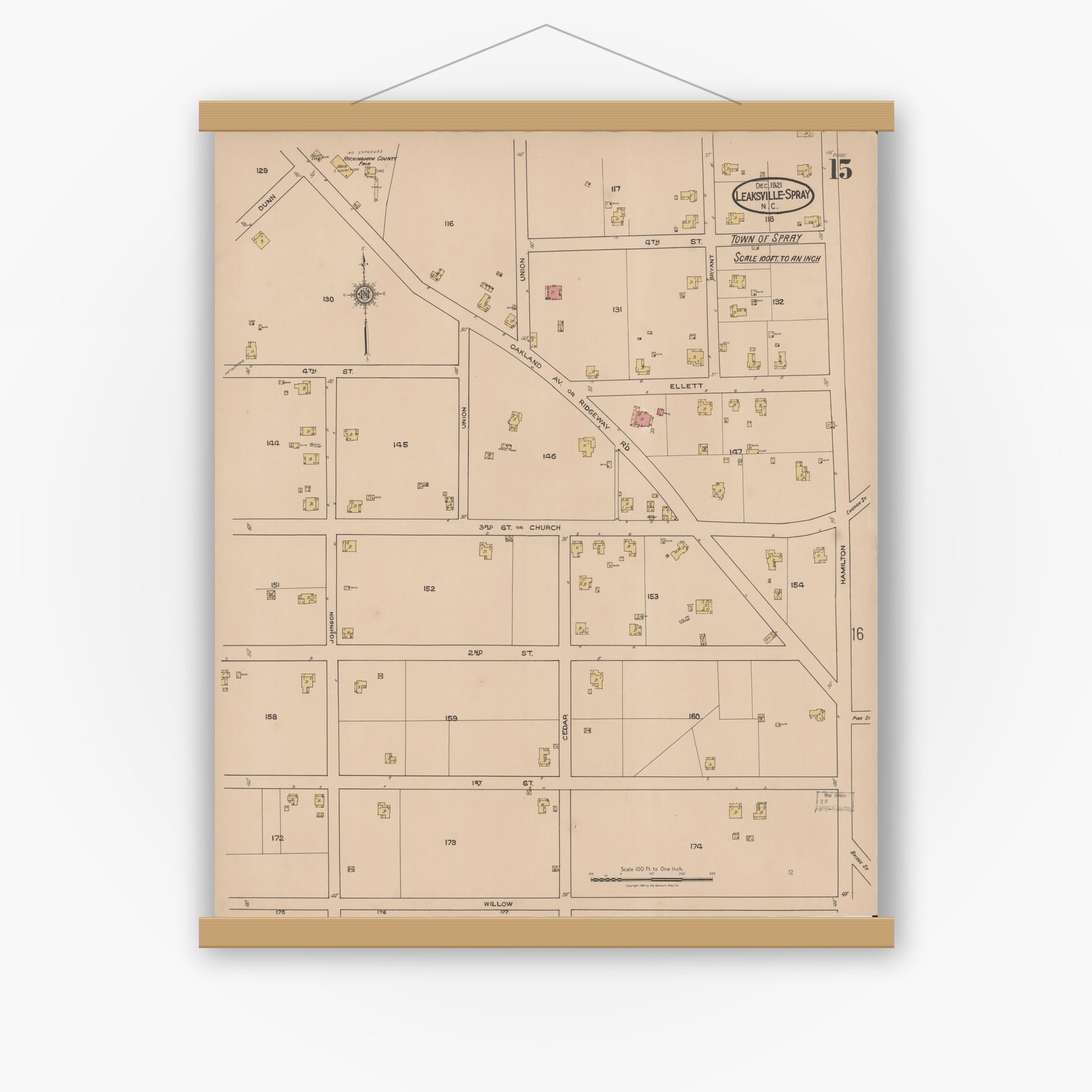 Old map wall art mockup — magnetic wood frame on white wall — Sanborn Fire Insurance Map from Leaksville-spray, Rockingham County, North Carolina (1921), Sheet #0015