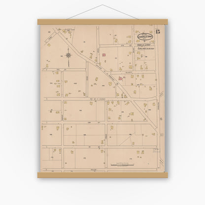 Old map wall art mockup — magnetic wood frame on white wall — Sanborn Fire Insurance Map from Leaksville-spray, Rockingham County, North Carolina (1921), Sheet #0015