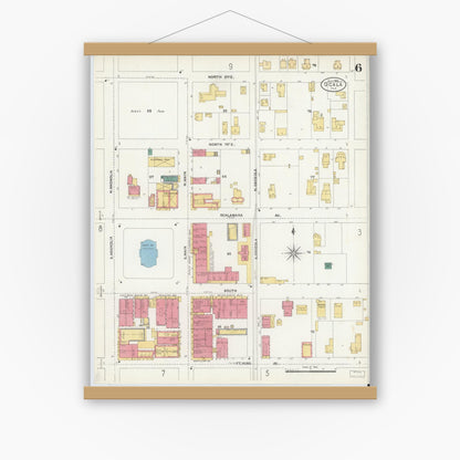 Old map wall art mockup — magnetic wood frame on white wall — Sanborn Fire Insurance Map from Ocala, Marion County, Florida (1906), Sheet #0006