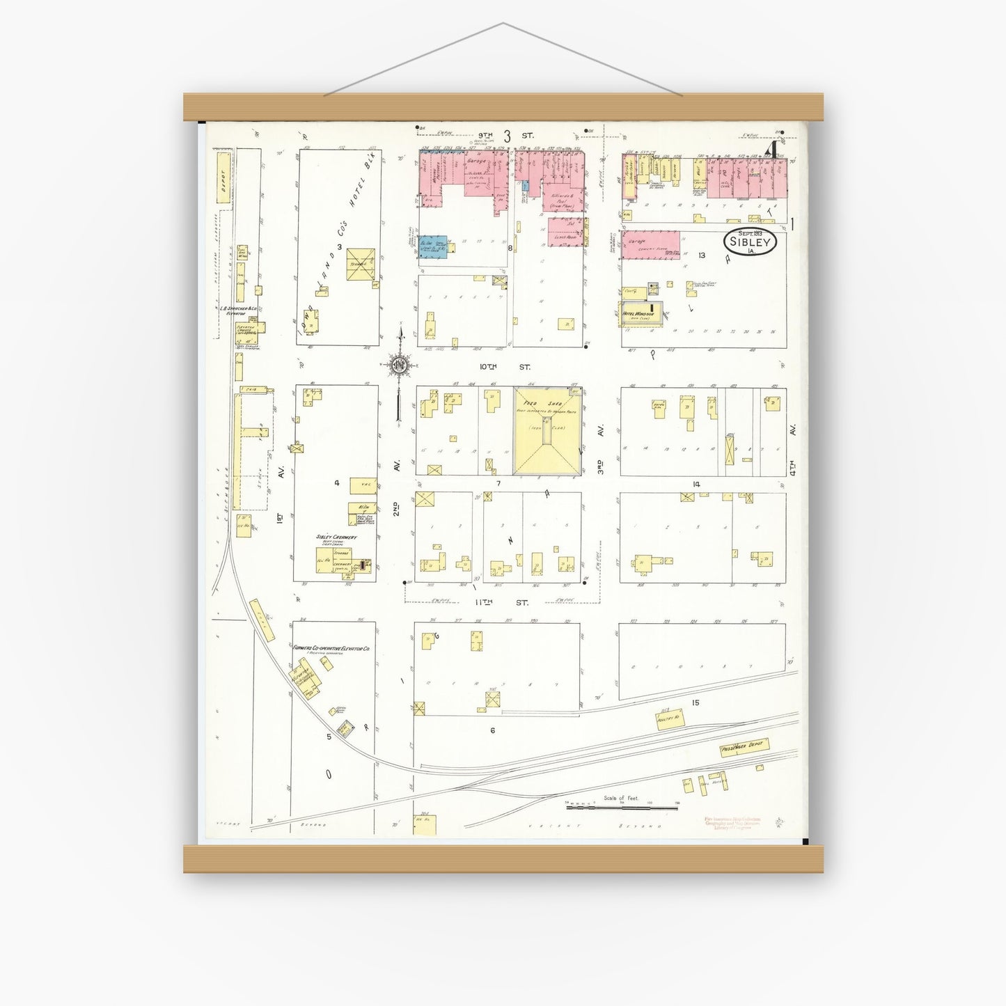 Old map wall art mockup — magnetic wood frame on white wall — Sanborn Fire Insurance Map from Sibley, Osceola County, Iowa (1913), Sheet #0004