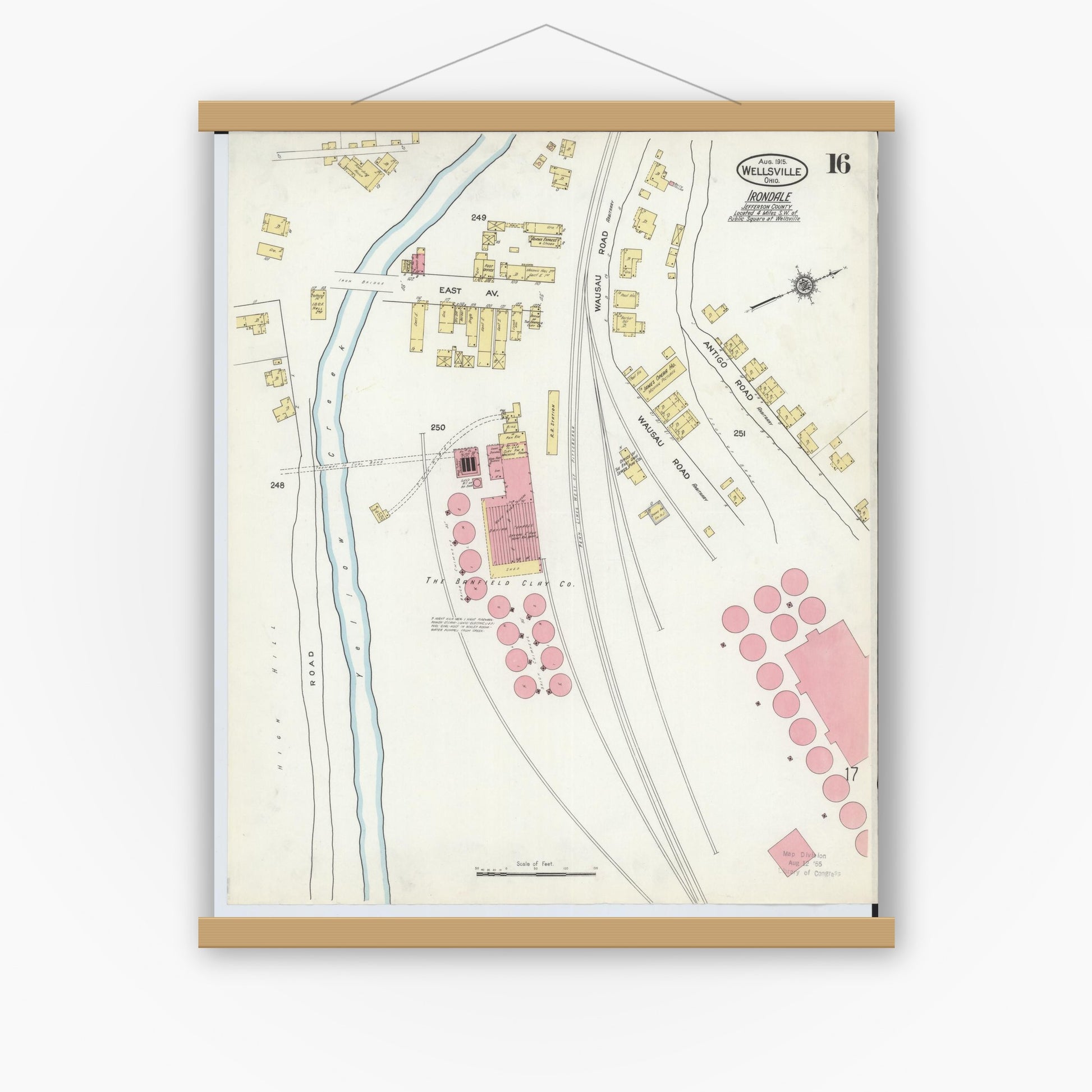 Old map wall art mockup — magnetic wood frame on white wall — Sanborn Fire Insurance Map from Wellsville, Columbiana County, Ohio (1915), Sheet #0016