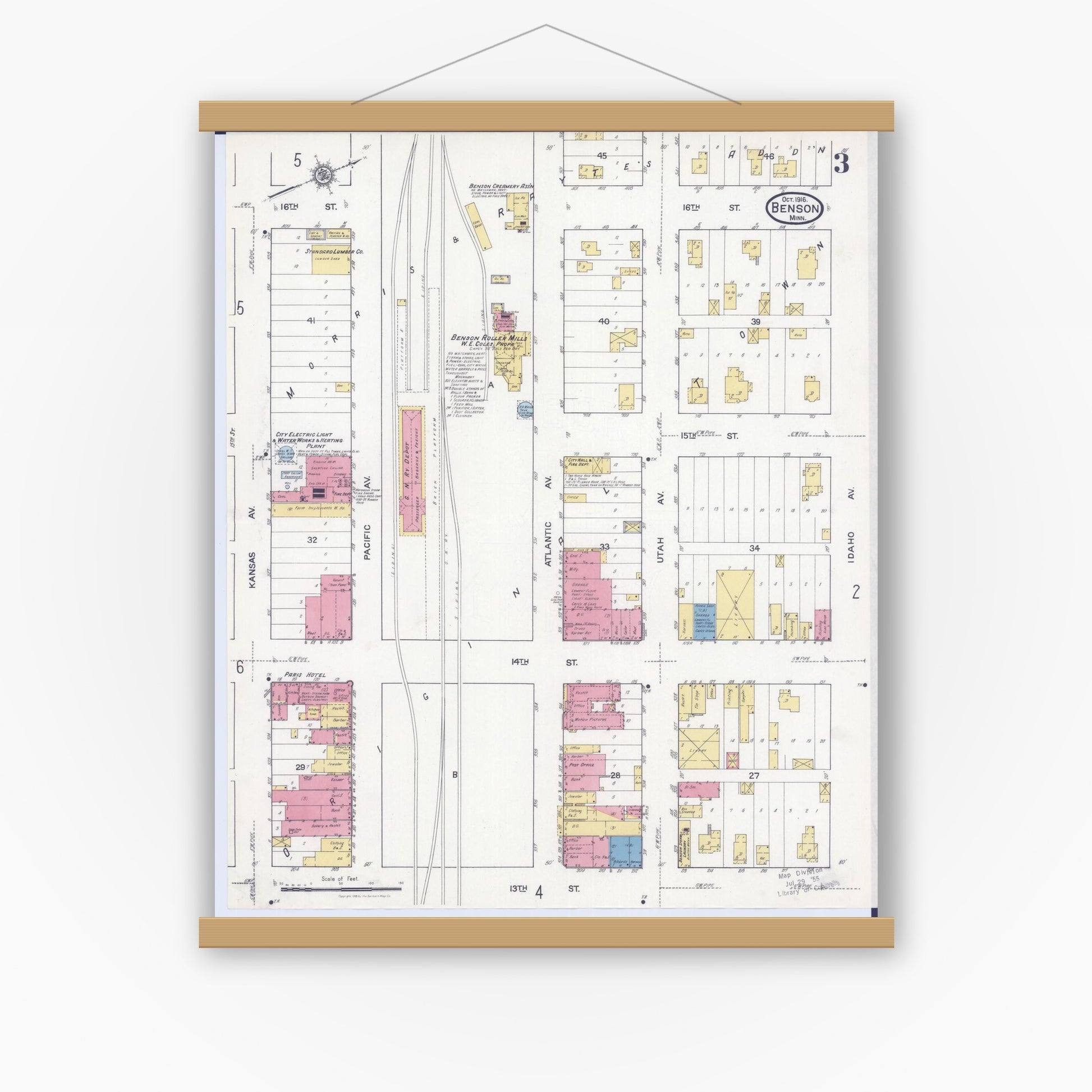 Old map wall art mockup — magnetic wood frame on white wall — Sanborn Fire Insurance Map from Benson, Swift County, Minnesota (1916), Sheet #0003