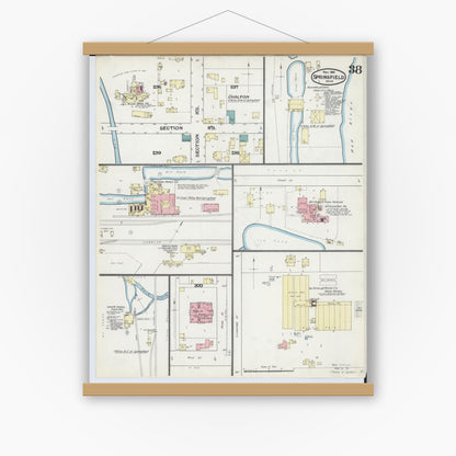 Old map wall art mockup — magnetic wood frame on white wall — Sanborn Fire Insurance Map from Springfield, Clark County, Ohio (1891), Sheet #0038